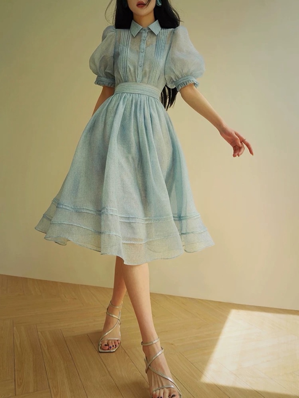 Light Blue Romantic 3-Piece Puff Sleeve Blouse Midi Skirt & Cami Set – Size L